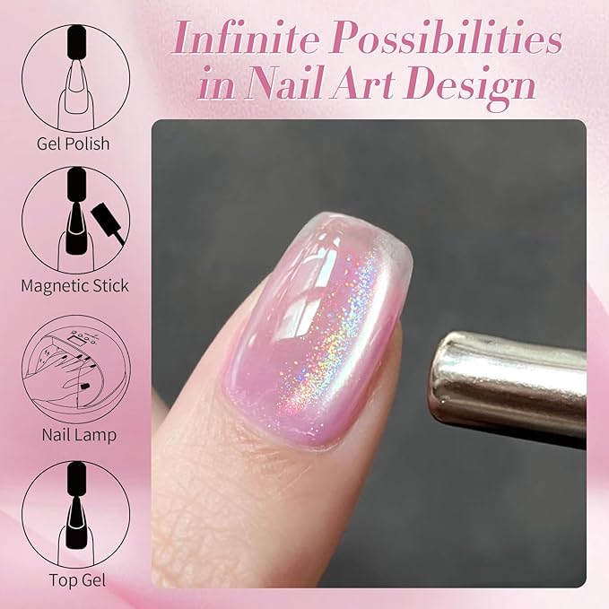 BORN PRETTY Pink Cat Magnetic Eye Gel Nail Polish Rainbow Holographic Moonlight Glass Magnetic Gel Nail Polish 15ML