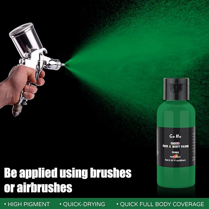 Go Ho Liquid Green Face Body Paint(2.1 oz),Green Based Water Based Face Paint and Body Paint for Airbrush Makeup Special FX, Cosplay, and Halloween Costumes Witch Hulk Makeup