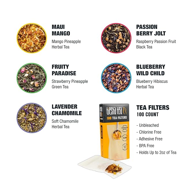 Tiesta Tea Premium Starter Loose Leaf Sampler Kit - Classic Tea Blends, High to Non Caffeinated, Hot & Iced Brews, Starter Set with Black, Green, Herbal Sample Bags and 100 Disposable Tea Filters