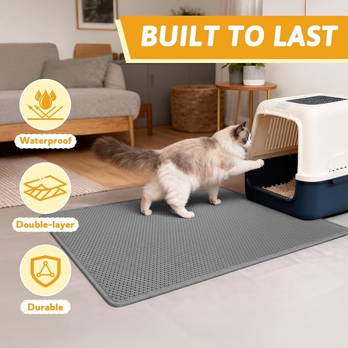Pieviev Cat Litter Mat, Double-Layer Waterproof Litter Trap, 36" x 30" Gray | Honeycomb Design Catches Scattered Particles to Stop Tracking, Urineproof Base Protects Floors, Easy to Clean