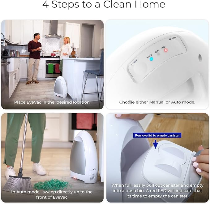 EyeVac Home Touchless Vacuum Automatic Dustpan - Great for Sweeping Pet Hair Food Dirt Kitchen - Ultra Fast & Powerful, No More Bending Down, Bagless, Corded, Automatic Sensors, 1000 Watt (White)