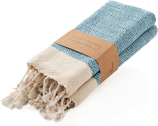 BAY LAUREL Turkish Hand Towel – Pack of 2 | Soft & Absorbent Decorative Towels for Bathroom, Hand, Face, Hair, Gym, Yoga, SPA, Kitchen & Tea (Turquoise, Herringbone 16x40 Inches (Set of 2)