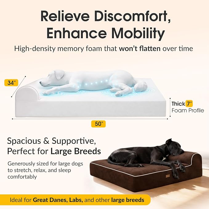 Orthopedic Memory Foam Dog Bed 7" Inch Thick Extra Large Dog Bed With Pillow Brown 50"x34"x10" Includes Waterproof Liner & Durable Removable Cover With Smart Design