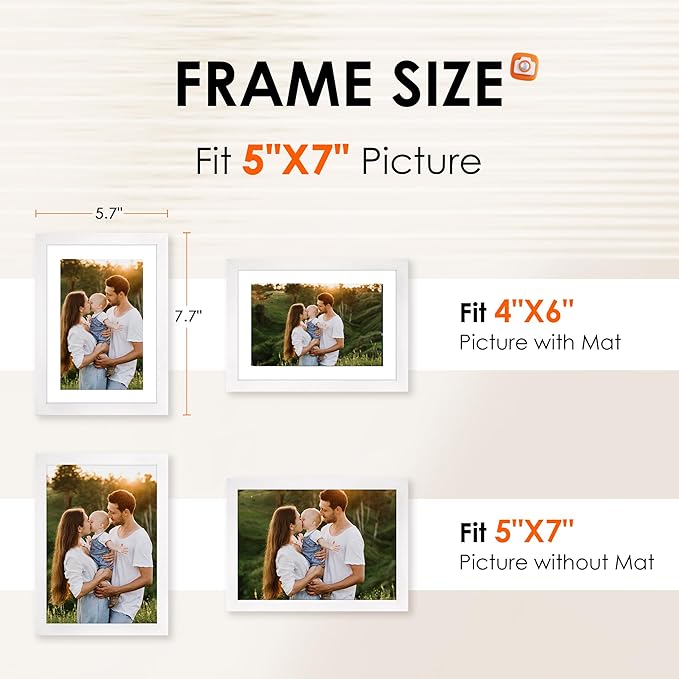5x7 Picture Frame Set of 2, Photo Frame with HD Plexiglass, Display Pictures 4x6 with Mat or 5x7 Without Mat, White Picture Frames Collage for Tabletop or Wall Display