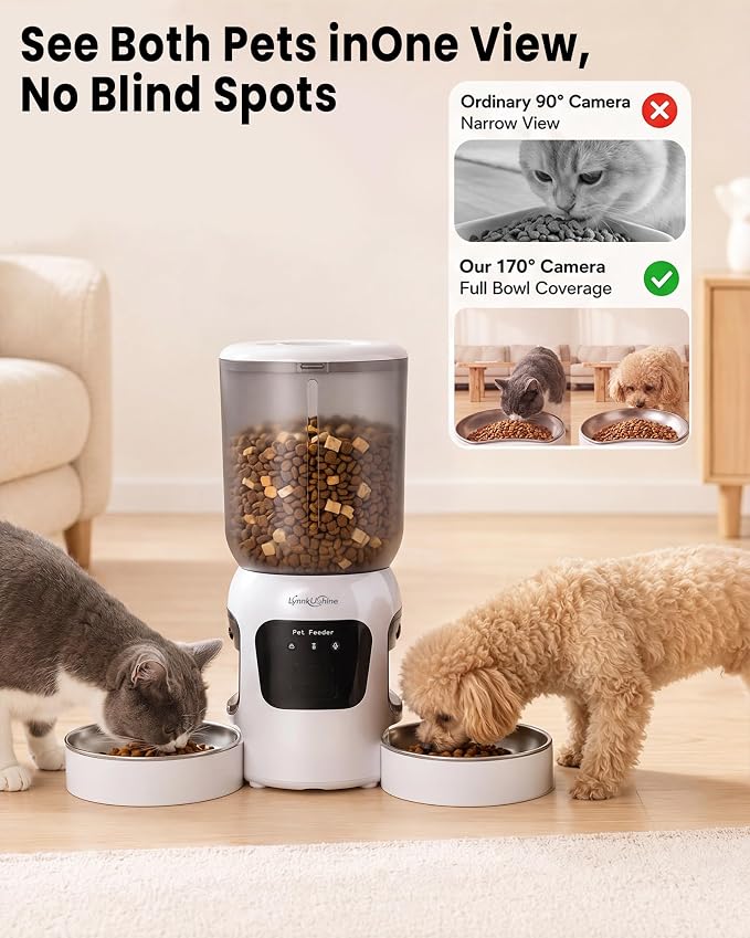 Automatic Cat Feeder with Dual Camera, 2MP with Night Vision | 2.4/5G WiFi Pet Food Dispenser, 5.2L/22 Cups, Scheduled Meals, 2-Way Audio, Dual Stainless Steel Bowl for Cat & Dog