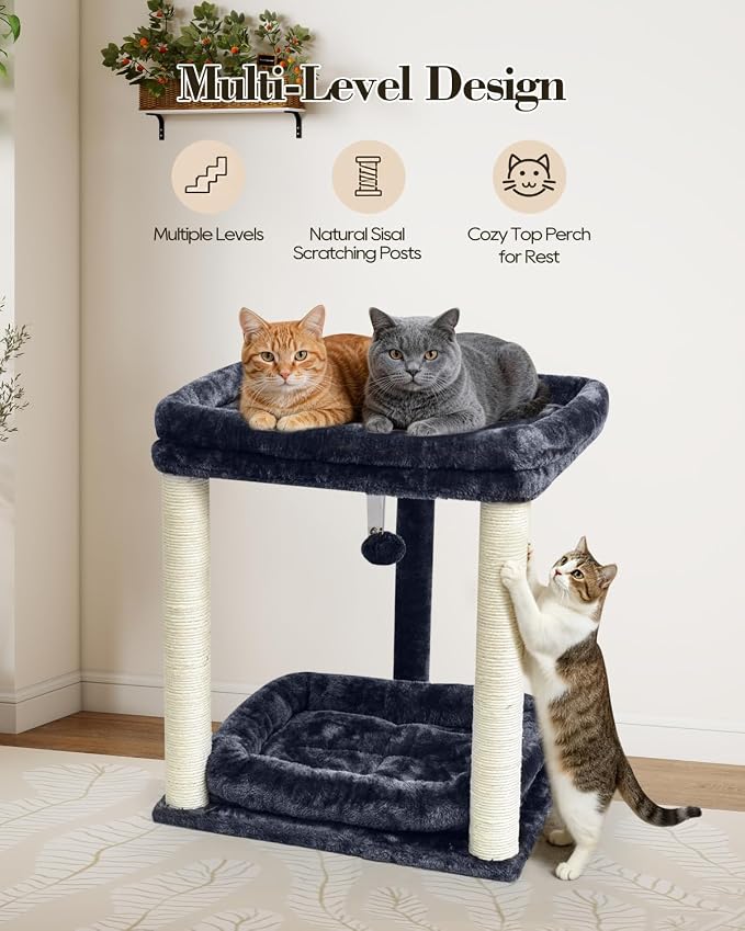 SYANDLVY Small Cat Tree for Indoor Cats with 2 Levels Perch Platforms | Natural Sisal Scratching Post Tower with Hanging Bell Ball & Anti-Tip Strap, Stable Cat Perch Furniture for Kittens, Smoky