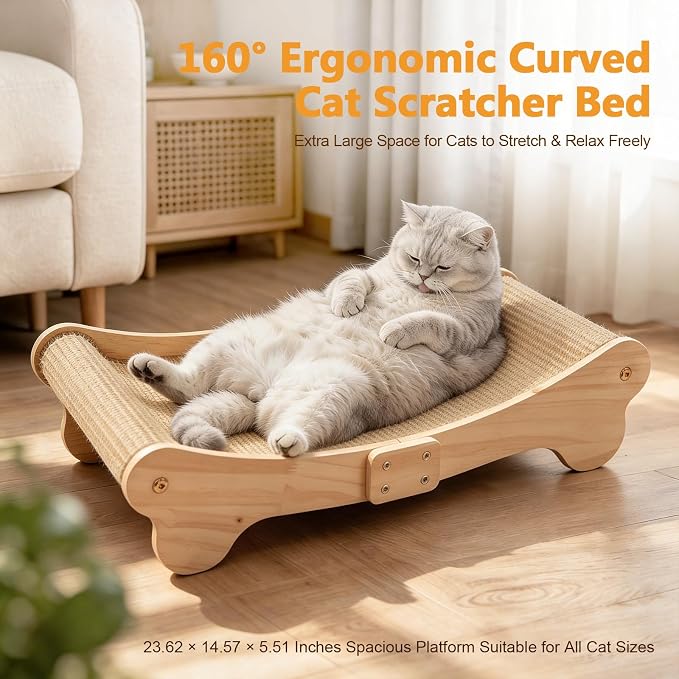 Large Sisal Cat Scratcher Bed Wooden Scratching Pad for Indoor Large Cats | 2-in-1 beech wood scratcher bed with thick woven sisal. Cats scratch & relax, large size shields furniture from scratches.