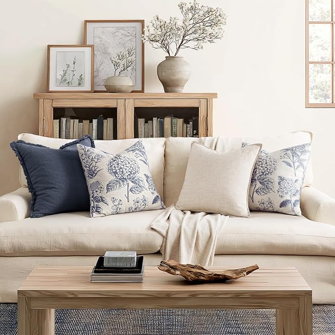 Set of 2 Euro Floral Pillow Covers 24x24 Inch Navy Blue | Decorative Neutral Hydrangea Print, Boho Vintage Throw Pillows, Cottagecore Home Decor, for Sofa Couch Porch Bed Living Room