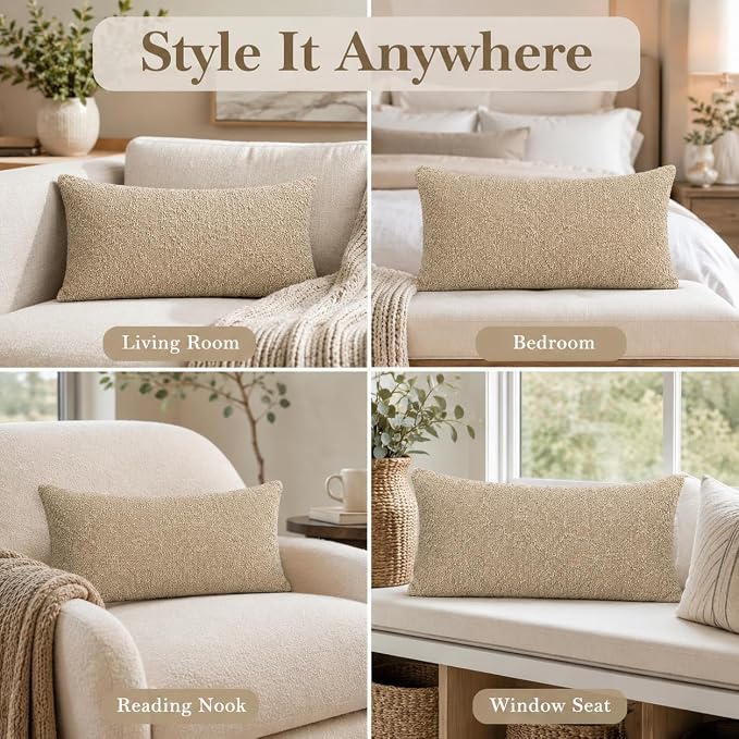 JoraLion 16x24 inch Boucle Lumbar Pillow Cover, Camel Woven Texture Neutral Long Pillow Cover Breathable Cushion Case for Couch Sofa Bed Living Room Home Decor (Cover Only)