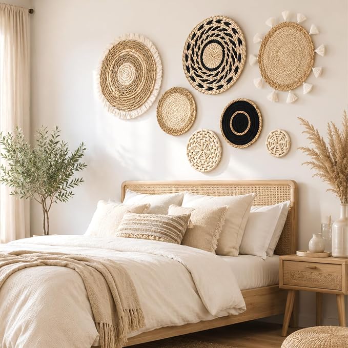 LOMOHOO Set of 7 Boho Wall Basket Decor Wicker Woven Wall Basket Decoration | LOMOHOO Bohemian Handcrafted Round Basket Hanging Decor Bulrush Wall Art Decors for Living Room Rustic Home