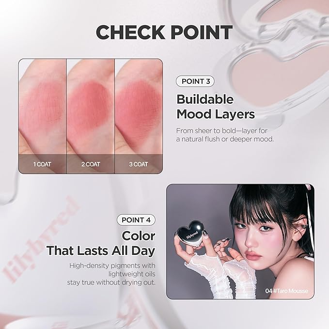 lilybyred Luv Beam Cheek Mousse | Heart-Shaped Korean Cream Blush, Airy Soft-Matte Texture, Soft-Focus & Pore-Blurring Finish, Seamless Buildable, Natural Flush, 0.13 oz. (07 Strawberry Yogurt Mousse)