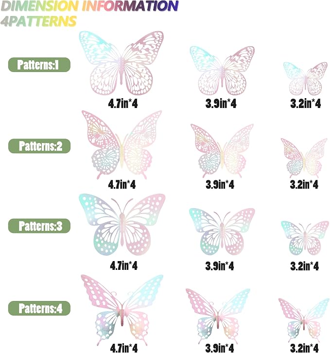SAOROPEB 3D Butterfly Wall Decor 48 Pcs Laser Pink Butterfly Decorations | 4 Styles 3 Sizes, Birthday Decorations Butterfly Party Decorations Cake Decorations, Removable Stickers