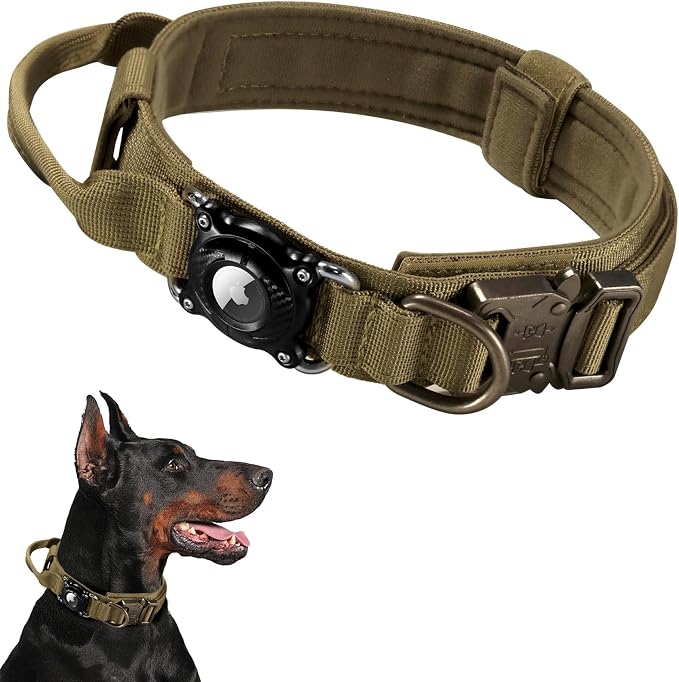 2026 Upgrade Military Tactical Dog Collar with Waterproof AirTag Holder - Heavy Duty Nylon GPS Tracking Collar with Control Handle & Metal Buckle for Medium Large Dogs (Khaki, L)