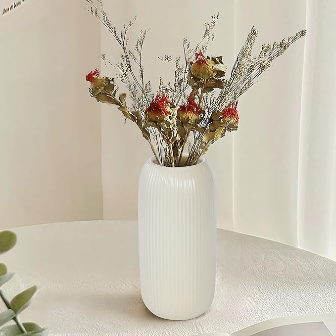 Ceramic Vase for Flowers – Modern Small Ribbed Textured Flower Vase for Home Decor, Pampas Grass, Decorative, Farmhouse, Coffee Table, Kitchen Centerpieces, Bookshelf and Home Living (Beige)