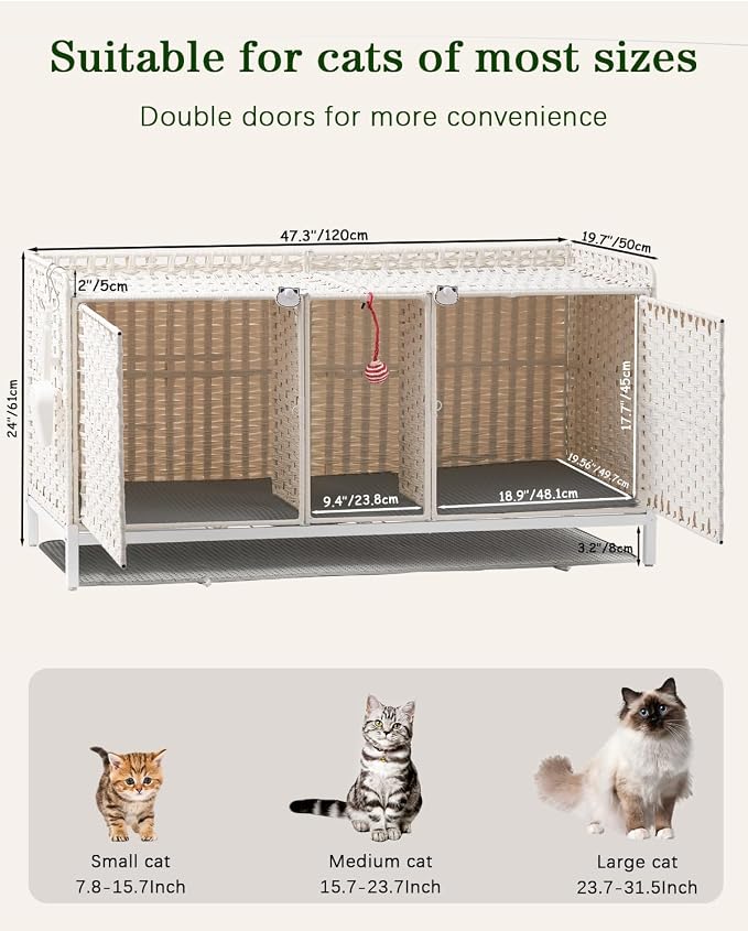 SETVSON Cat Litter Box Enclosure for 2 Cats, PE Rattan Kitty House, White | Handwoven PE Rattan with 2 Absorbent Mats, 3.2-In Heightened Metal Feet, 2 S-Hooks, 47.3 x 19.7 x 24 Inches Cabinet