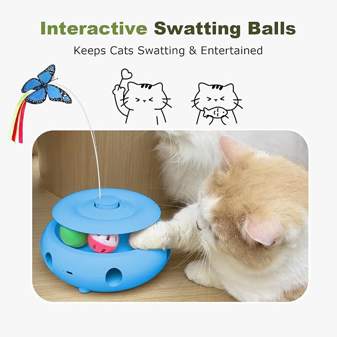 Interactive Cat Toy for Indoor Cats, 3-in-1 Automatic Kitten Toys with Fluttering Butterfly, Ambush Feather and Track Balls, USB Rechargeable Cat Enrichment & Exercise Toy