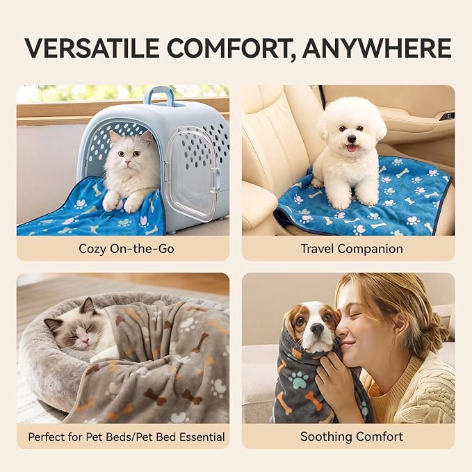 LINENLUX Dog Blankets 3-Pack, Super Soft Fluffy Fleece Pet Throw Warm | Premium flannel fleece pet throw for cat, puppy. Cozy warm for bed, crate, or couch naps; Blue/Brown/Grey-3pcs 40x31 inch