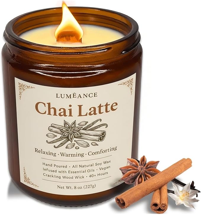 Chai Latte Candles for Aromatherapy, Hand Poured in Small Batches, 8oz Crackling Wood Wick Candle, 40+ Hours, 100% Soy Wax with Essential Oils, Home Decor Gift