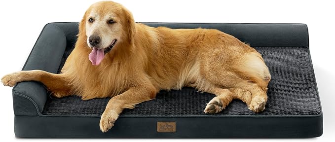 COZY KISS Orthopedic Dog Bed for Extra Large Dogs, L Shaped XXL 48x35 inch | Non-Slip Bottom Soft Pet Sofa with Washable Removable Waterproof Cover, Egg-Crate Foam Couch with Portable Handle, Black