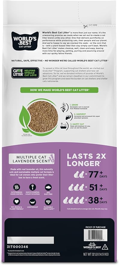 World's Best Cat Litter, Lavender Scented, Long-Lasting Odor Control, 32 lb