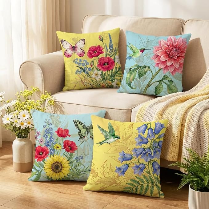 wyooxoo Spring Summer Pillow Covers 18x18 Set of 4 Decorative Throw Pillow Covers Linen Flower Butterfly Farmhouse Pillowcases for Sofa Couch Living Room Outdoor