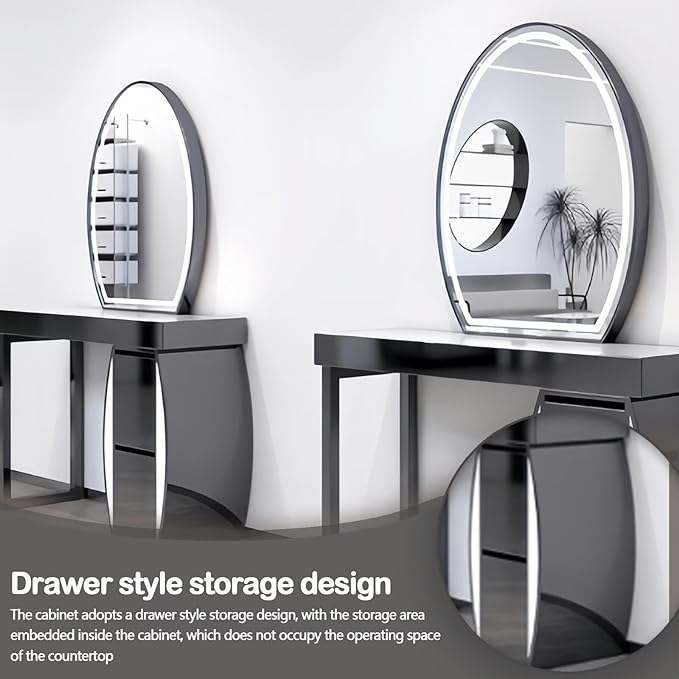 Salon Station for Hair Stylist with Curved Cabinet & Glowing Accents, Barber Station includes Oval LED Mirror, Large Capacity Storage