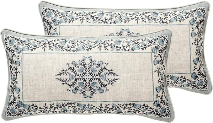 Designer Linen Throw Pillow Cover,Set of 2,20"x12"-Segerman A | Elegant Chinoiserie Rectangle Pillow Cover,Concealed Zipper Design,Floral Pattern,Sofas,Bedroom,Living Room,Lounge Chairs