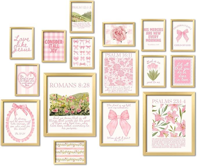 ANERZA 16 PCS Christian Coquette Wall Art Decor, Pink Bow Bible Verses Gallery Wall Prints for Bedroom Nursery, Jesus Posters for Living Room Aesthetic, Scripture Preppy Dorm Collage Kit for Girls Kids