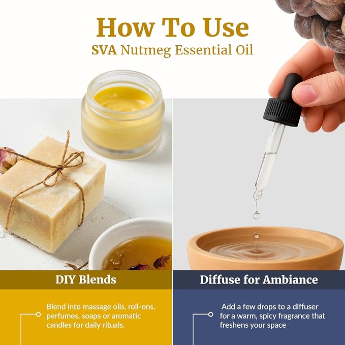 SVA Nutmeg Essential Oil 1/3 Fl Oz – for Diffuser, Skin & Hair Care – Ideal for Massage & DIY Blends - with Dropper