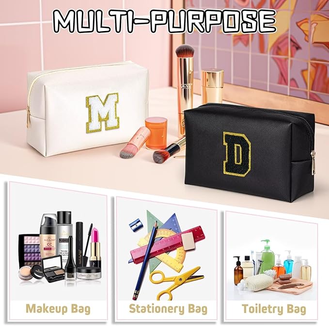 TOPEAST Preppy Makeup Bag, Small Cosmetic Travel Bags for Women, PU Leather Waterproof Toiletry Bag with Zipper, Personalized Birthday Gift for Women Girl, Preppy Gifts for Girl (Black Z)