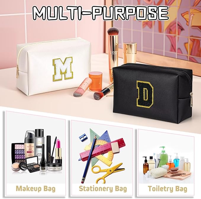 TOPEAST Preppy Makeup Bag, Small Cosmetic Travel Bags for Women, PU Leather Waterproof Toiletry Bag with Zipper, Personalized Birthday Gift for Women Girl, Preppy Gifts for Girl (Black F)