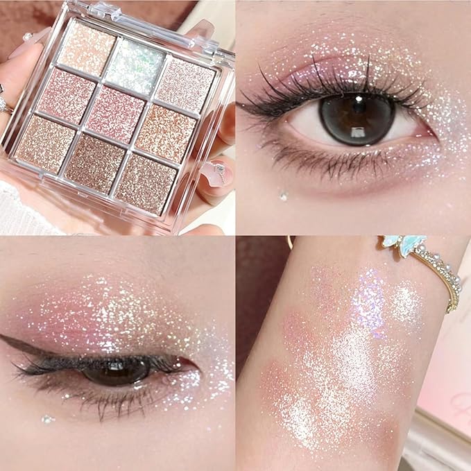 9 Colors Glitter Shimmer Eyeshadow Makeup Palette, Korean Natural Eye Shadow Palettes Highly Pigmented Long Lasting Waterproof Blendable sombras para ojos Pink Golden Brown Women Girls Eye Shadow