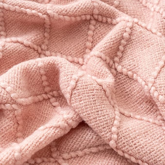 BATTILO HOME Blush Throw Blanket with Tassels, Pink Knit Blanket for Home Decor, Boho Style Textured Knitted Decorative Blanket for Couch, Sofa &Bed, 50"x60"