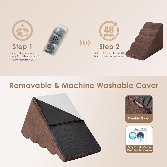 EHEYCIGA Curved Dog Stairs Ramp, 5-Step Extra Wide High Beds, Dog Steps | 33D density of pure foam, for Small Dogs and Cats, Pet Stairs for High Bed Climbing, Non-Slip Balanced Indoor, Brown
