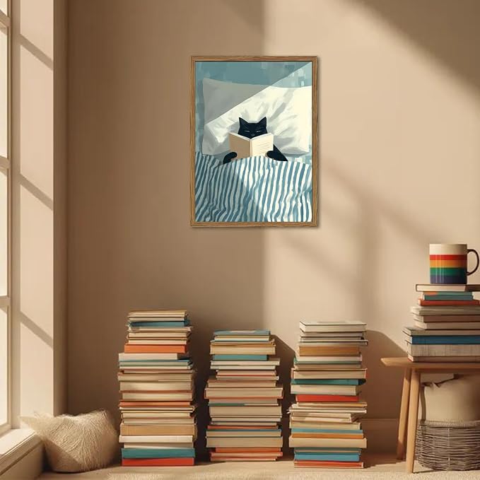 Framed Funny Black Cat Wall Art, Whimsical Cat in Stripe Bed Reading Wall Decor Painting Cute Animal Book Lover Poster Canvas Print for Bedroom Living Room 12x16 inch Wood Framed