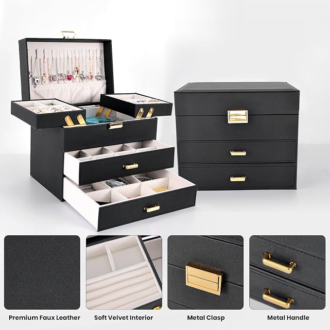 Jewelry Organizer Box, Large Jewelry Boxes for Women Girls, Space-Saving 4 Layers Jewelry Storage Case with Drawer, Movable Metal Stand, Modern, Gift Idea (Black + Gold)
