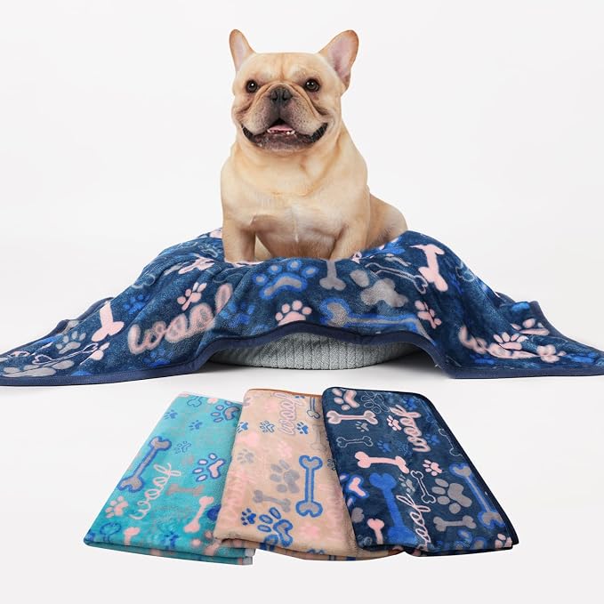 Luciphia 3 Pack Soft Fleece Dog Blankets for Medium Dogs Puppy Cats,30"x20" | Washable Throw Blanket for Crate, Couch, Bed, Travel. Cute Paw & Bone Print. Puppy Essential, Dog Gift,Khaki/Blue/Navy