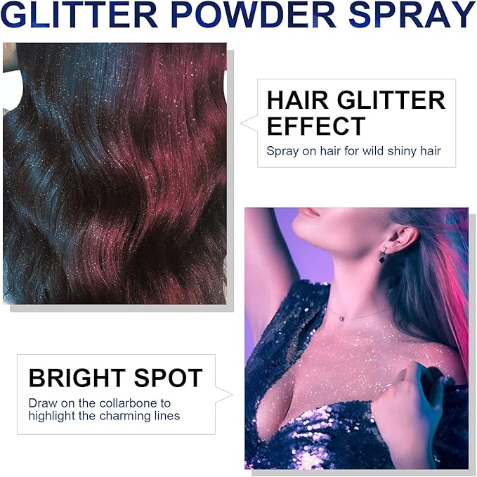 Body Glitter Spray, Perfect Body Shiny for Music Festival Rave Stage Makeup Hair and Face Shimmer Glitter Spray. 2.11 Oz