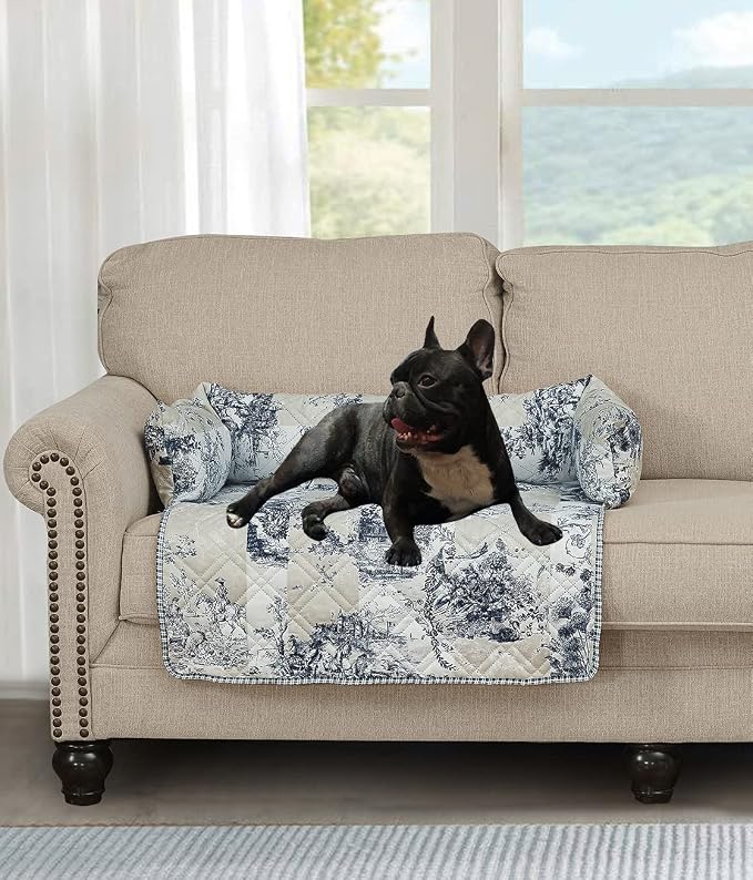 Brilliant Sunshine Blue Toile Dog Sofa Slipcover, Beige Ivory, Medium | Calming Pet Couch Bed with Removable & Washable Cover, Funiture Protector & Bed Mat for Dogs, Pets, Cats, 30"×32"×8"