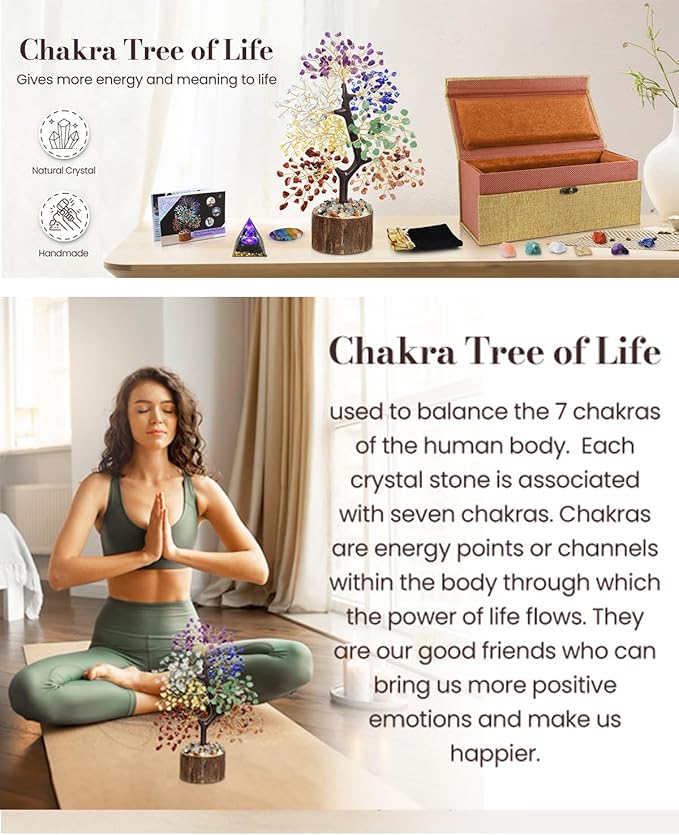 7 Chakra Crystal Tree of Life with Worry Stone (Set 2) - Unique Birthday Gifts for Women, Valentine's Day Gift, Chakra Trees Healing Positive Energy for Home Decor, Office Desk Decor, Gift for Mom