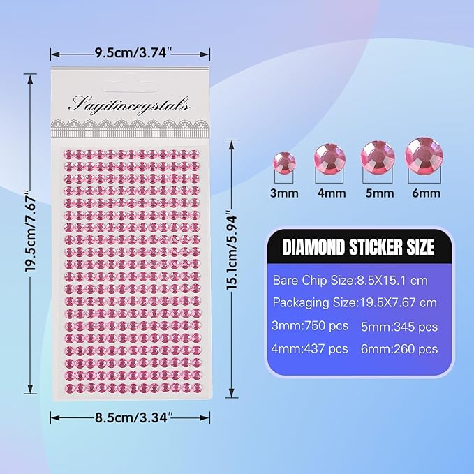 8 Sheets Rhinestone Stickers，3584 Pcs Gem Stickers for DIY Face Eyes Makeup Hair（Pink-3/4/5/6mm）