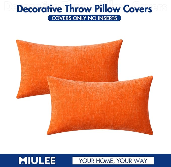 MIULEE Chenille Fall Lumbar Throw Pillow Covers Bright Orange 12x20 | Pack of 2, Modern Fall Decor, Classic Decorative Pillows, Solid Dyed Cases, Couch Cushion Covers for Sofa Bed Living Room