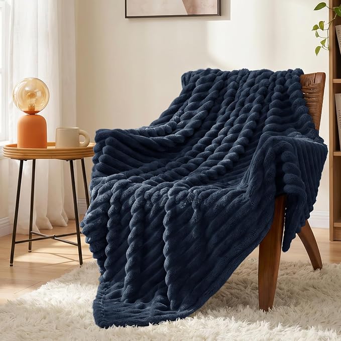 Navy Blue Throw Blanket for Couch & Bed, 50 x 60 Inch | 300GSM Ribbed Fleece Blanket, Soft, Cozy & Lightweight, OEKO-TEX Certified, All-Season Use for Travel, Dorm & Home Decor