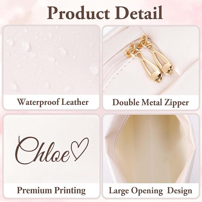 Personalized Makeup Bag with Name & Birth Flower, Custom Leather Cosmetic Bags for Women, Customized Travel Toiletry Bag Gifts for Bridesmaid Wedding