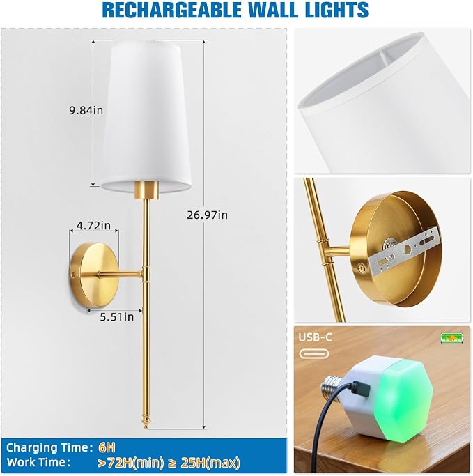 Gold Battery Operated Wall Sconce Set of 2,Rechargeable Wall Lights with 10400mAh Dimmable Detachable Bulbs and Remote,9 Colors Wireless Sconces for Bedroom Living Room Hallway
