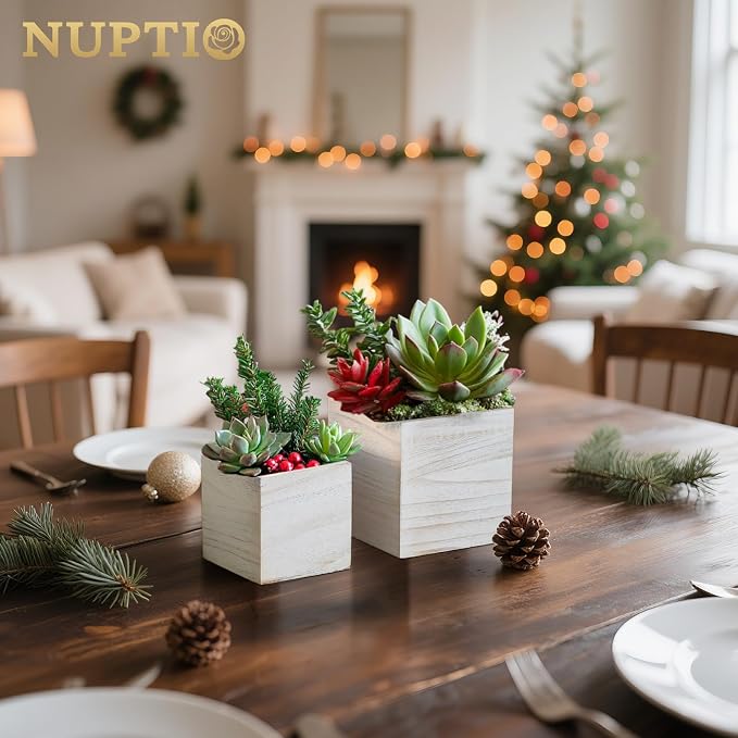 NUPTIO Small Wooden Box for Centerpiece, Whitewashed, Square, 4"/5", 12 Pcs | Farmhouse Wood Vases Planter, for Fall Decor, Windowsill, Home, Garden