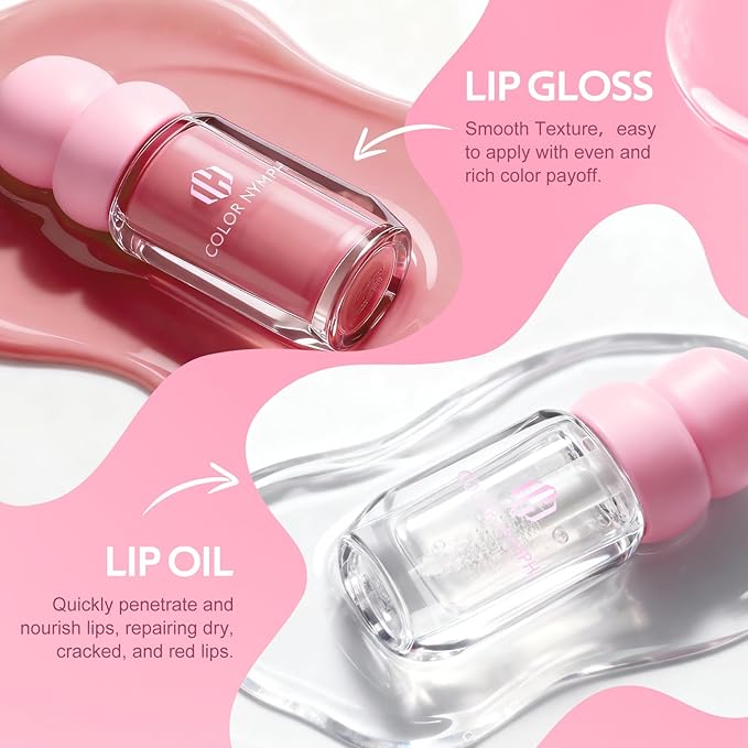 Color Nymph Lip Oil + Lip Gloss Duo, Moisturizing Lip Treatment & Shiny Lip Color, Gentle for Sensitive Dry Lips, Long-Lasting Gloss, #03 Beaver