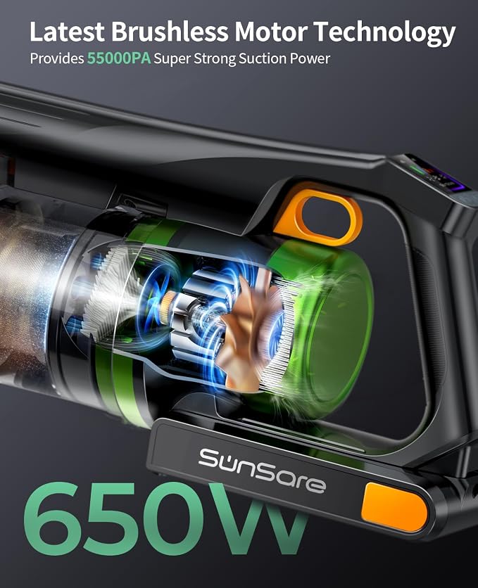 SunSare Cordless Vacuum Cleaner, 50KPa 600W 65Mins Stick Vacuum with 1 M Hose, Green Headlights, Aromatherapy, V-Anti-Tangle Rollor, 1.8L Dust Cup, Vacuum Cleaner for Pet Hair Carpets Floors, Green