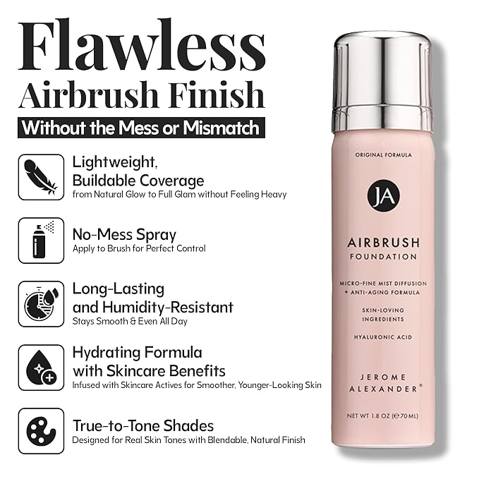 Jerome Alexander MagicMinerals AirBrush Foundation – 2 Piece Set with Airbrush Foundation and Kabuki Brush - Spray Makeup with Anti-aging Ingredients for Smooth Radiant Skin - Warm Medium
