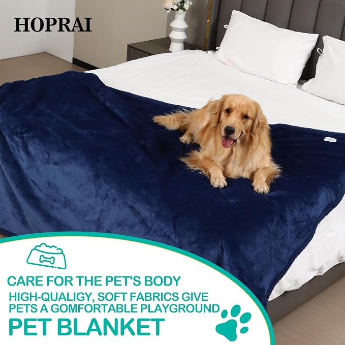 Waterproof Pet Blanket for Medium Large Dogs Washable Fluffy Thick Jacquard Shag Fleece Warm Sherpa Pet Blanket Cats Puppy Couch Protection (Navy Blue L57*65inches)